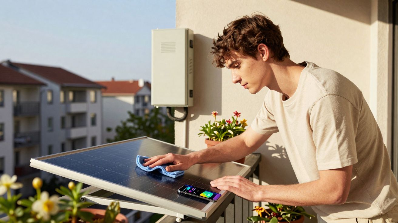 Jovem limpa painel solar com pano azul numa varanda, com smartphone e flores ao redor, ao sol.
