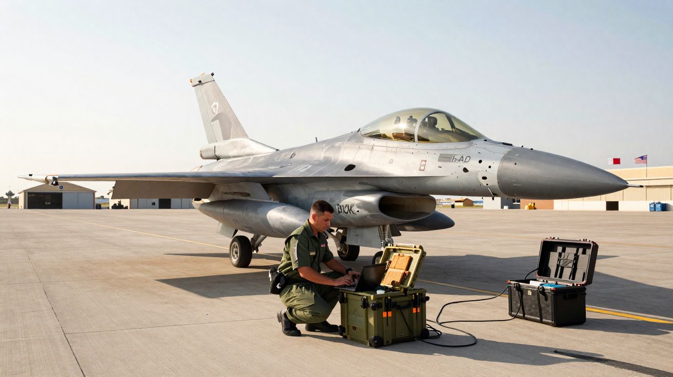 Militar em uniforme junto a equipamento técnico e jato militar estacionado numa pista de aeroporto.
