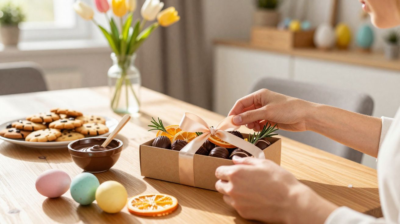 Pessoa a abrir caixa de chocolates com fita, mesa decorada com bolachas, ovos coloridos e flores.