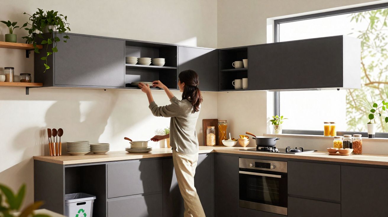 Mulher a organizar pratos em armários cinzentos numa cozinha moderna com luz natural e decoração minimalista.