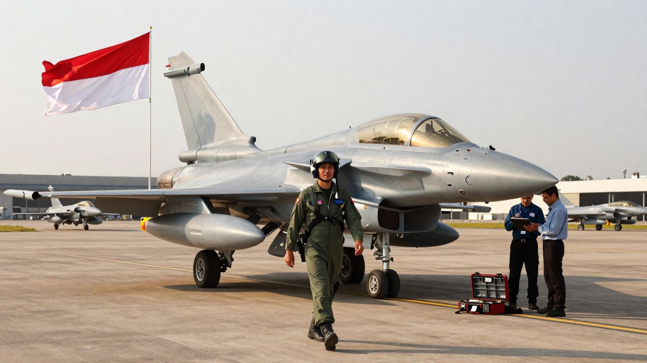 Caça militar estacionado no aeródromo com piloto a caminhar e bandeira vermelha e branca ao fundo.