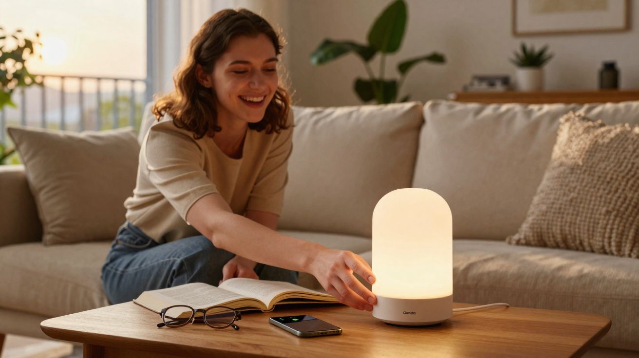 Mulher sorridente ajusta candeeiro numa sala de estar com livro aberto e telemóvel numa mesa de madeira.