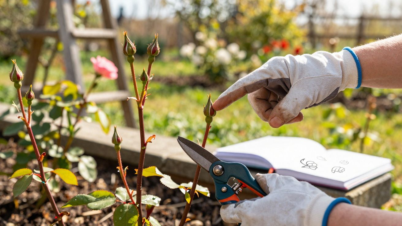 Pessoa com luvas a podar rebento de rosa num jardim com tesoura de poda e caderno ao fundo.