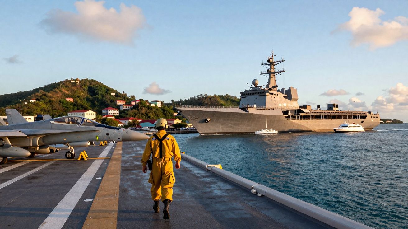 Militar de farda amarelo a caminhar num porta-aviões próximo de navio de guerra e aviões estacionados no convés.