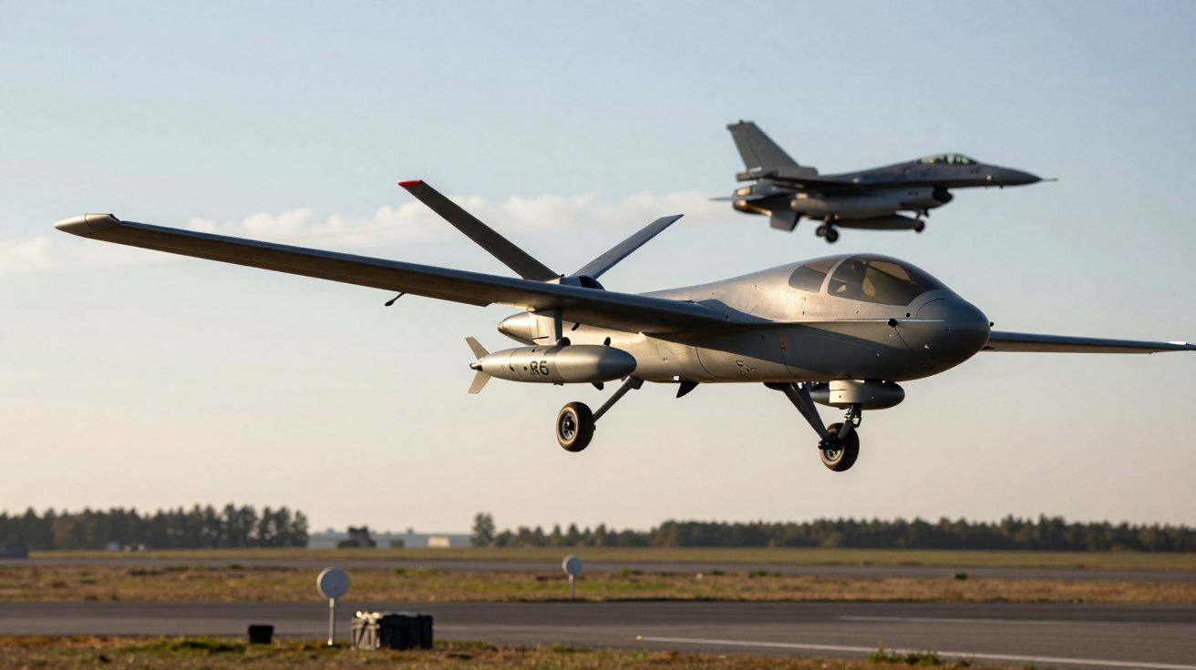 Drone militar cinzento em voo baixo com avião de combate atrás, sobre pista de aeroporto ao pôr do sol.