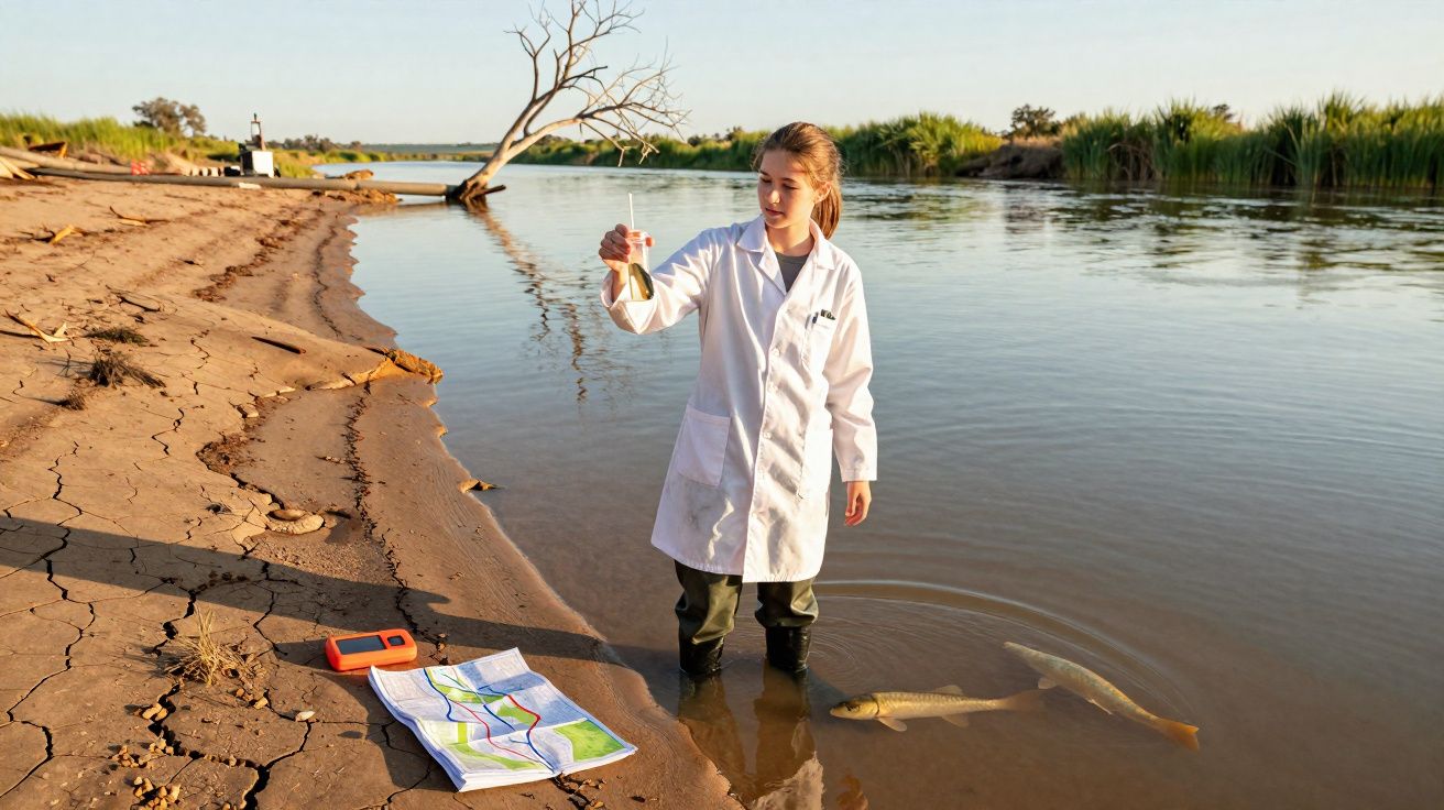 Cientista com bata branca recolhe amostra de água num rio, com mapa e equipamento na margem arenosa.