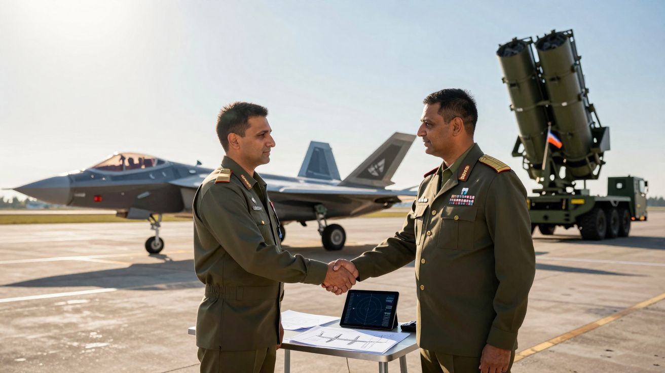 Dois militares apertam as mãos numa pista com um avião de combate e equipamento militar ao fundo.