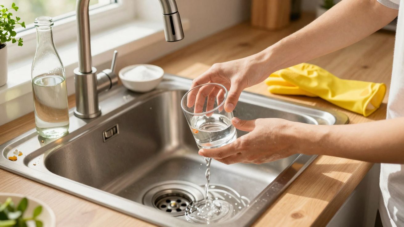 Pessoa a deitar água de um copo para a pia de uma cozinha com bancada de madeira e torneira metálica.