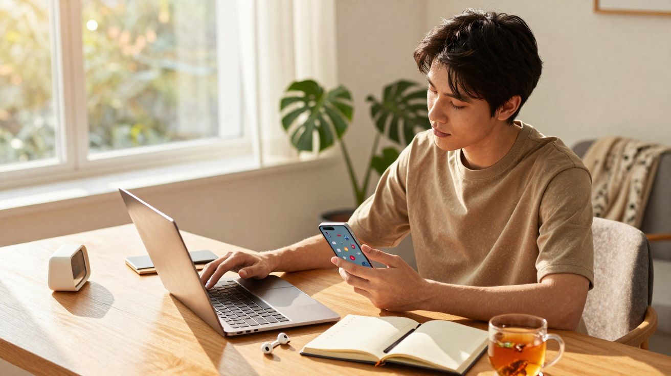 Jovem sentado à mesa a usar telemóvel e computador portátil, com caderno aberto e chá ao lado.