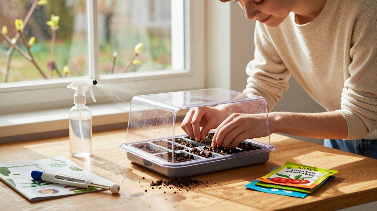 Pessoa a plantar sementes em germinador com tampa transparente numa mesa perto de janela.