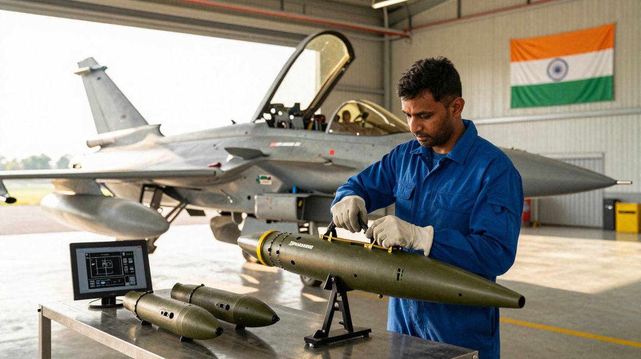 Técnico em macacão azul manuseia dispositivo militar em hangar com jato de combate e bandeira da Índia.