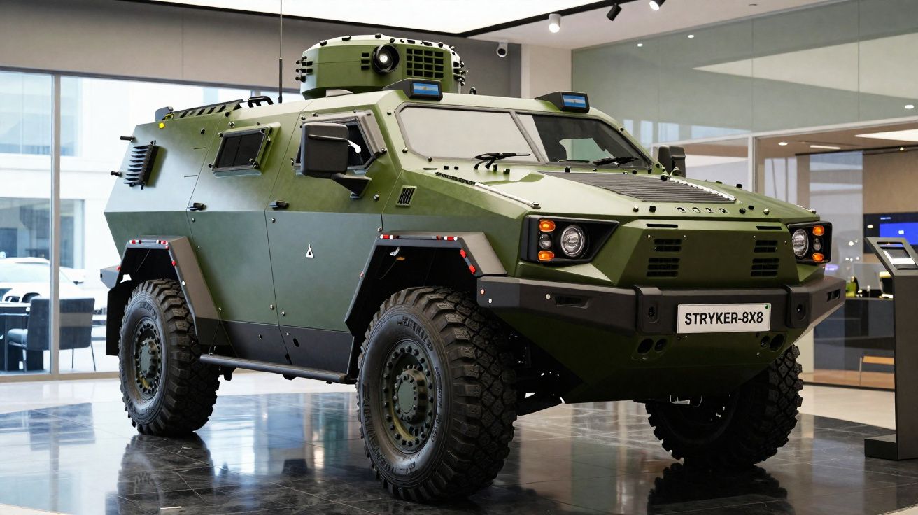 Veículo blindado militar verde de oito rodas exposicionado num espaço interior moderno.