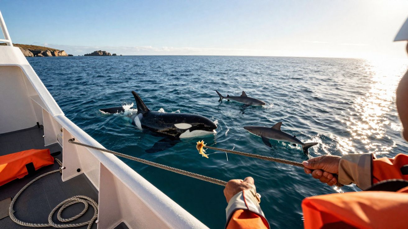 Orca e tubarões perto de um barco, atraídos por isca segurada por pessoas com coletes laranja.