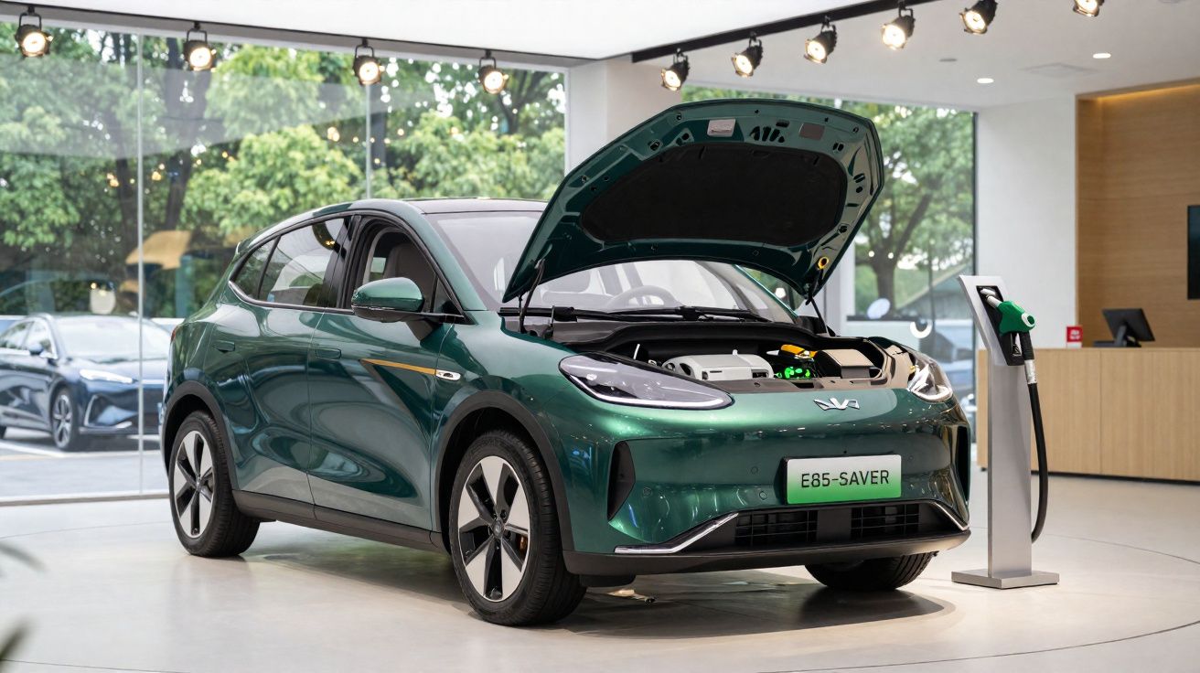Carro elétrico verde com capô aberto num showroom, ligado a uma estação de carregamento.