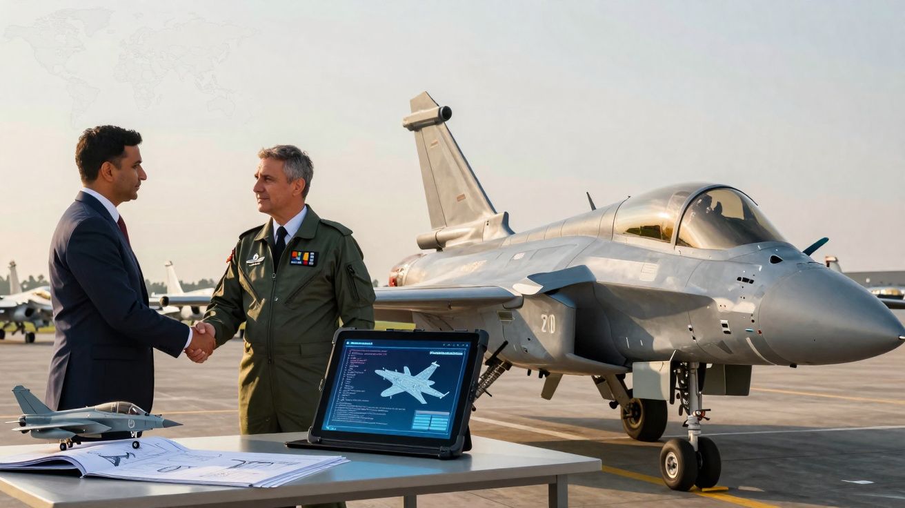 Dois homens apertam as mãos junto a um caça militar estacionado num aeroporto, com maquete e tablet na mesa.