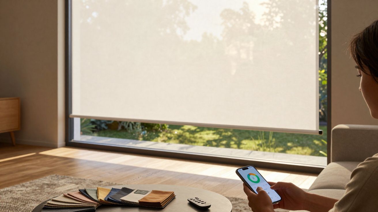 Pessoa a controlar uma cortina automática com aplicação móvel numa sala iluminada natural.