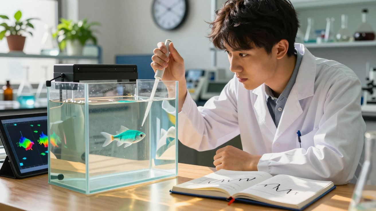 Cientista em bata branca usa pipeta para examinar peixe num aquário em laboratório moderno.