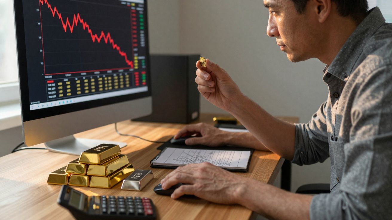 Homem a analisar gráfico descendente no computador segurando moeda com barras de ouro na secretária.