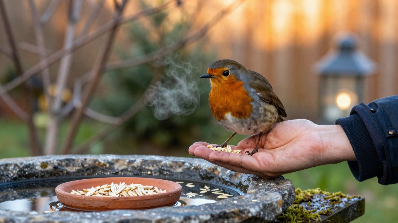Pássaro com peito laranja pousado na mão de uma pessoa a comer sementes ao ar livre durante o dia.