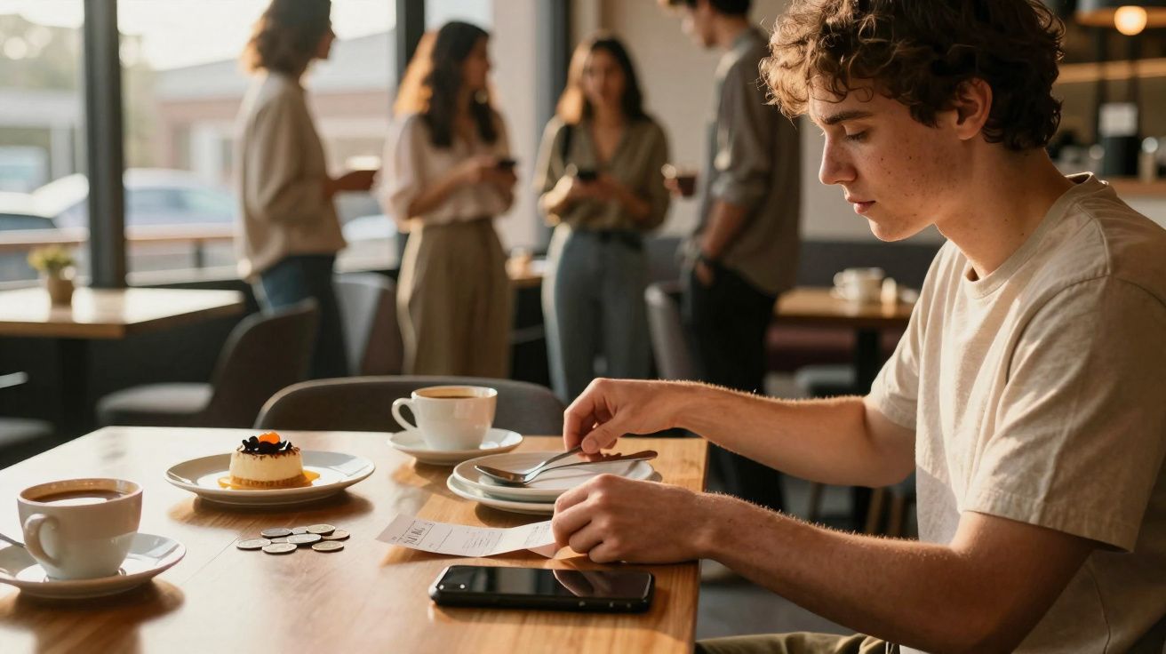 Jovem sentado a pagar a conta num café com bolo, café e celular na mesa, enquanto grupo conversa ao fundo.
