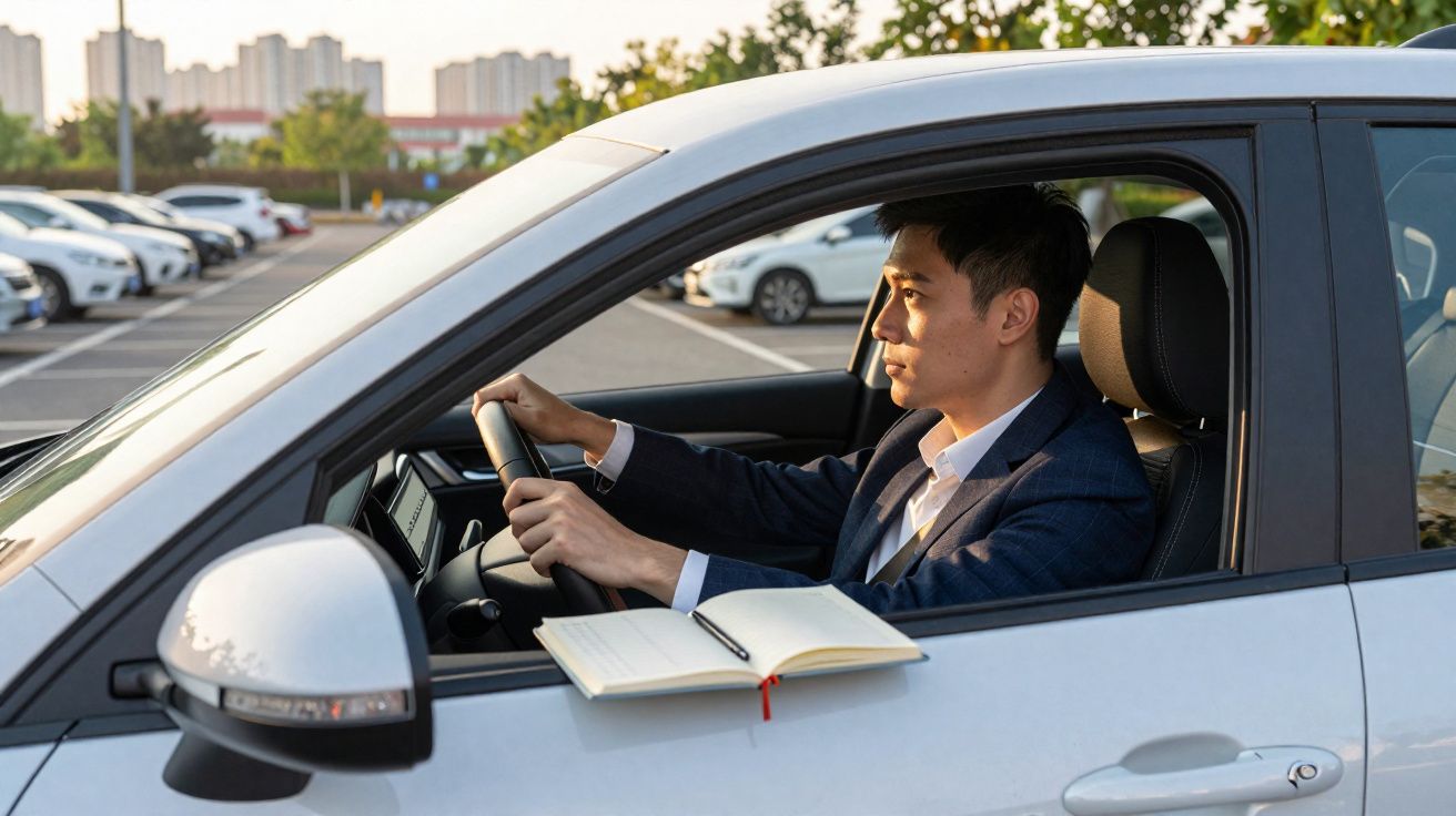 Homem de fato azul a conduzir um carro branco num parque de estacionamento durante o dia.