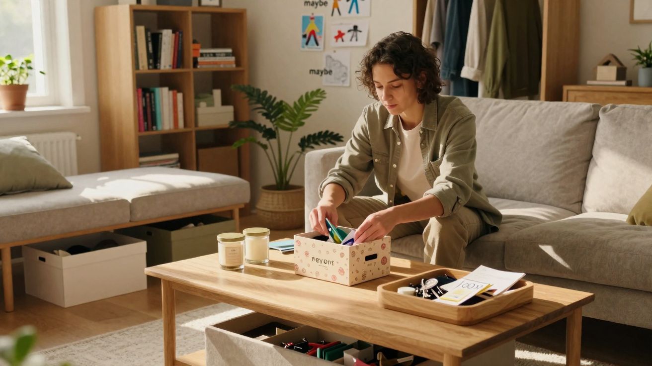 Pessoa sentada no sofá a organizar objetos numa caixa numa sala iluminada e decorada com plantas e estantes.