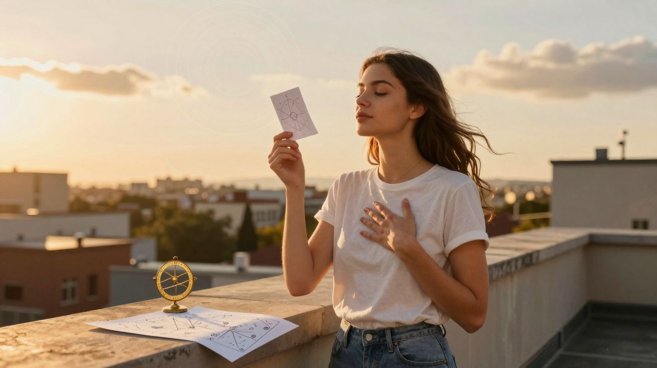 Jovem segura carta astrológica e toca peito, contemplando ao pôr do sol numa varanda com mapas e astrolábio.