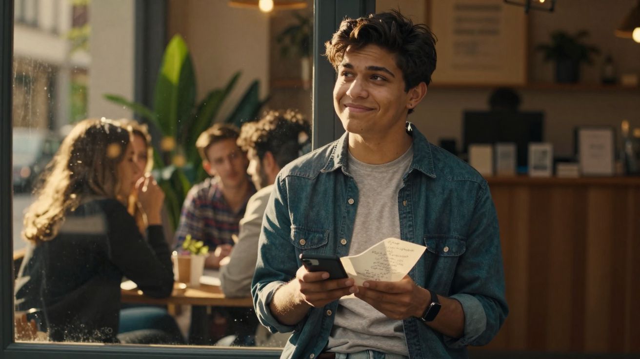 Jovem sorridente segurando um telemóvel e um bloco de notas num café, com um grupo de pessoas ao fundo.