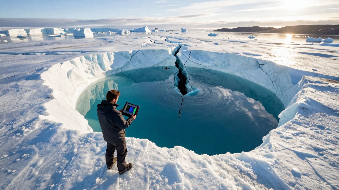 Pessoa a analisar buraco profundo preenchido com água azul no gelo ártico ao pôr do sol.