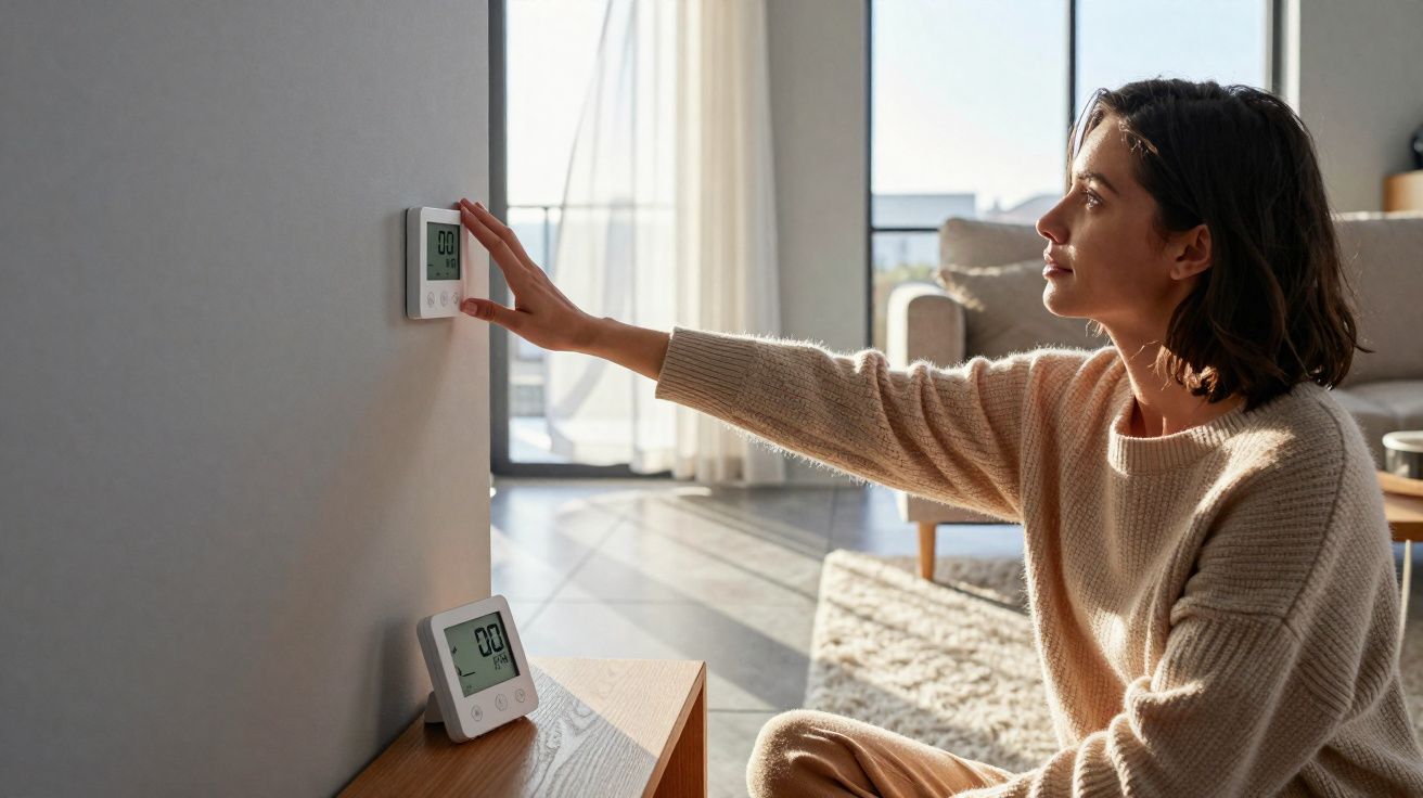 Mulher sentada junto à parede ajusta termóstato digital numa sala luminosa com mobília moderna.