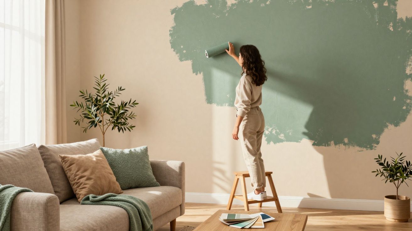 Mulher em casa a pintar uma parede de bege para verde, usando um rolo e um banco de madeira.