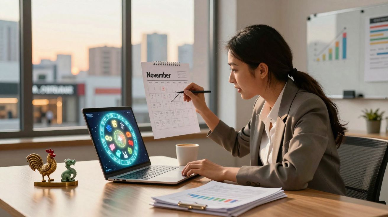 Mulher a apontar data num calendário de novembro, com computador aberto num zodíaco digital.