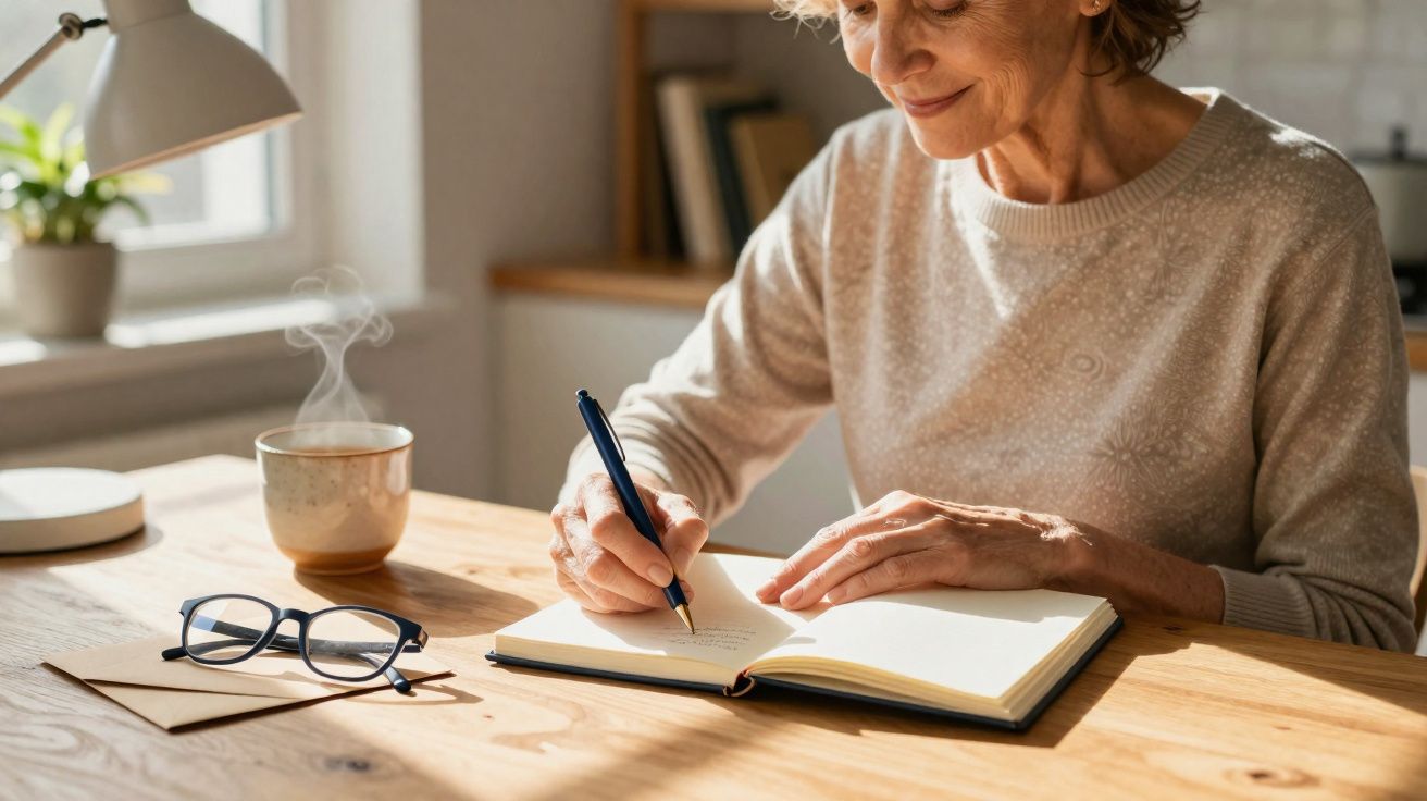 Mulher idosa a escrever num caderno à mesa, com chá quente, óculos e luz natural ao fundo.