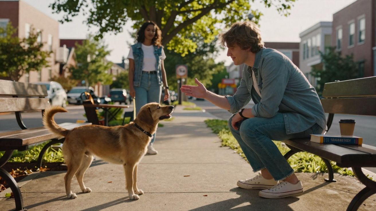 Homem sentado no banco estende a mão para cão em passeio, mulher observa ao fundo numa rua residencial.