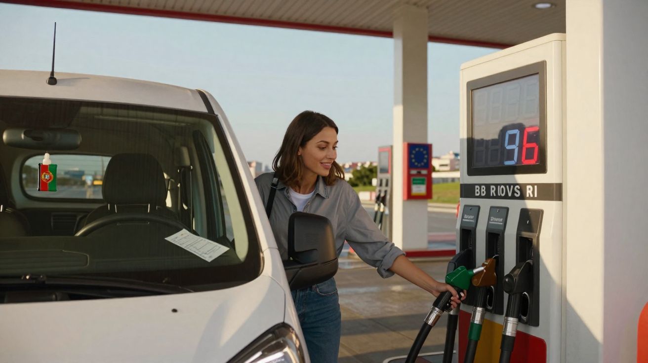 Mulher a abastecer carro branco numa bomba de gasolina numa estação de serviço ao ar livre.