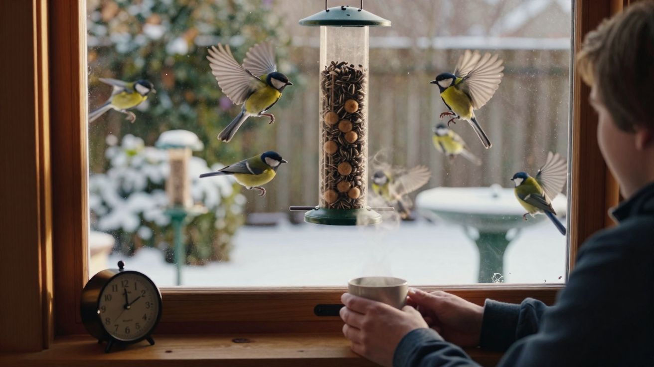 Pessoa observa pardais a alimentador de sementes na janela num dia de inverno nevado.