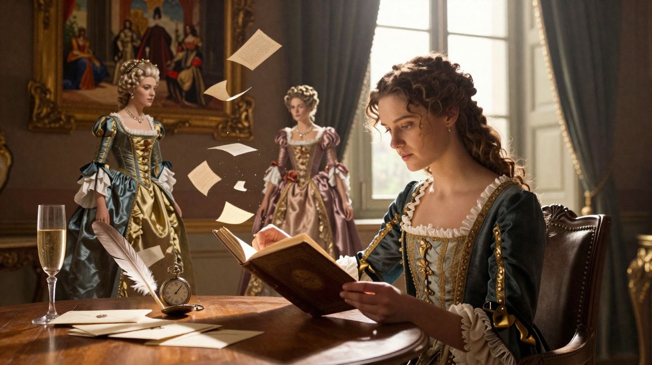 Mulher vestida à moda do século XVIII lendo livro à mesa com mulheres ao fundo e folhas a flutuar.