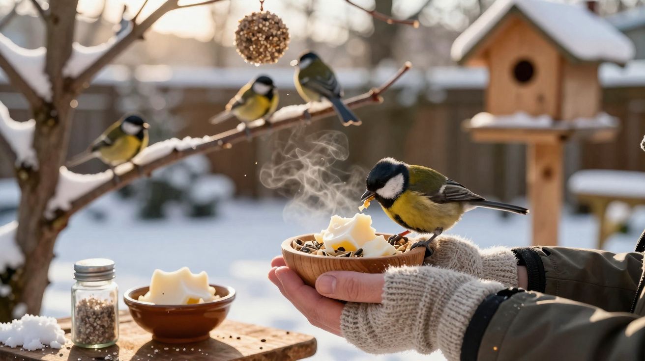 Pássaro a comer sementes da mão de uma pessoa com luvas, com neve e pássaros ao fundo no jardim.