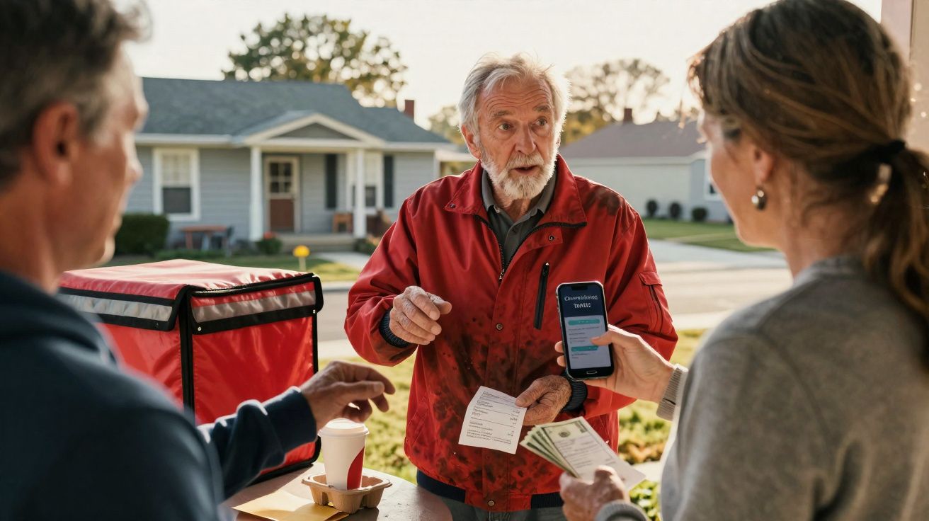 Entrega de comida a idosos com pagamento digital e dinheiro numa zona residencial exterior.