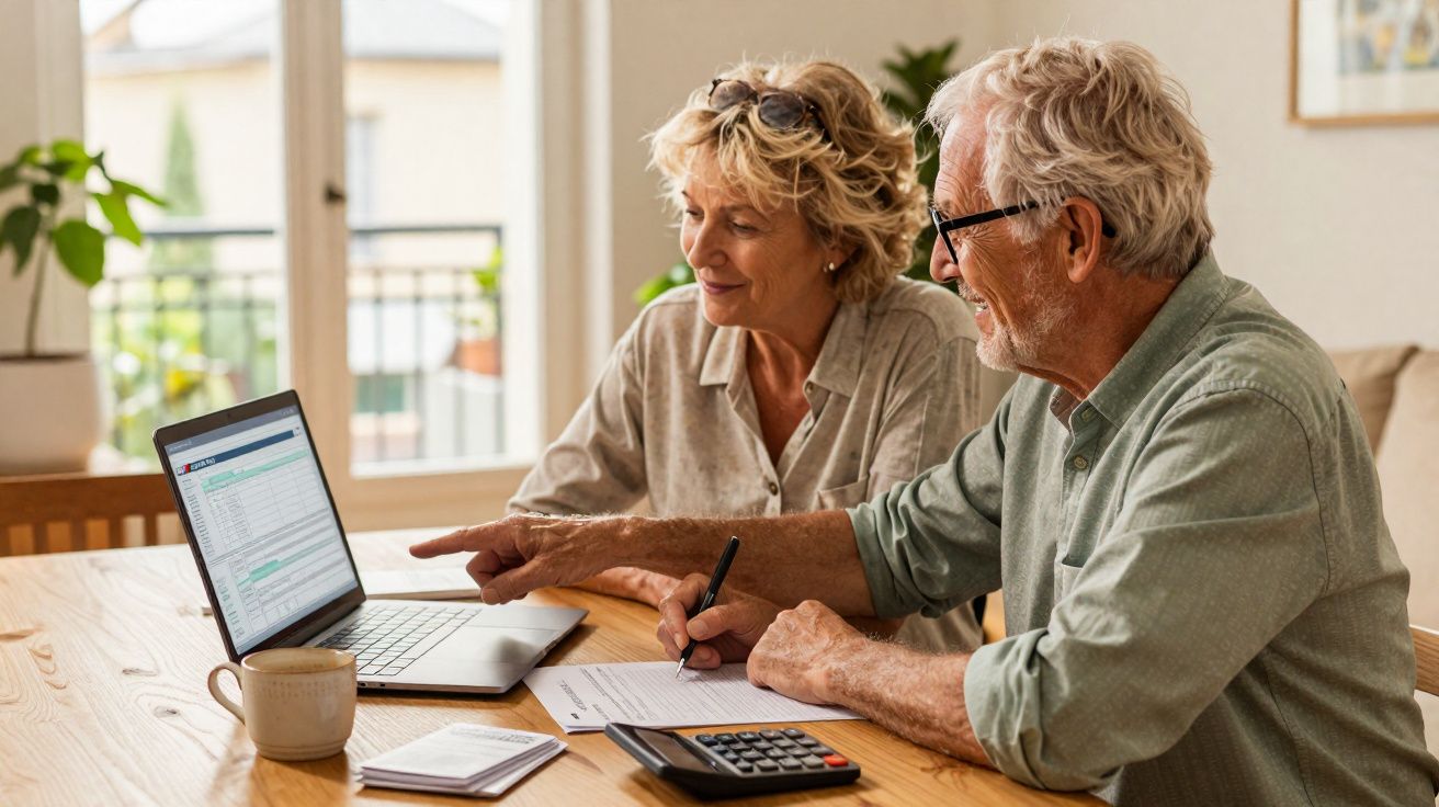 Casal sénior sentado à mesa a analisar documentos e dados num computador portátil, ambiente luminoso e acolhedor.