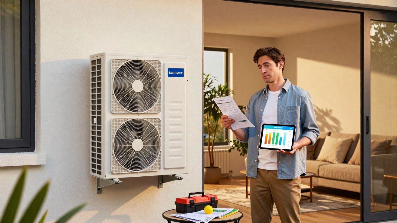 Homem a analisar documentos e tablet junto a unidade exterior de ar condicionado instalada na parede.