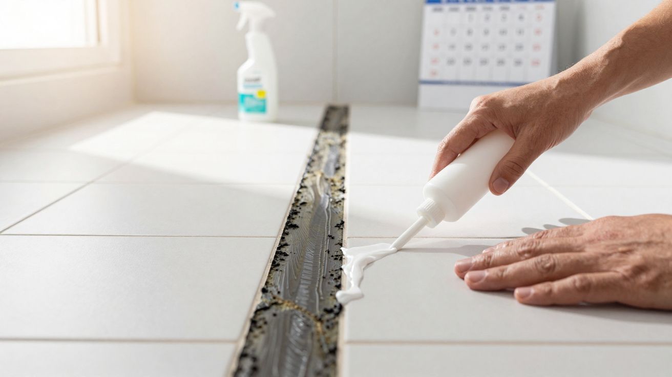 Pessoa a aplicar pasta branca para vedar juntas nos azulejos do chão branco.