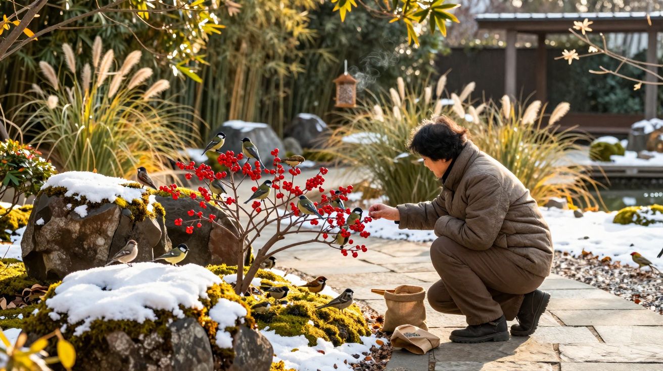 Pessoa alimenta pássaros junto a arbusto com bagas vermelhas e pedras com neve num jardim ensolarado de inverno.