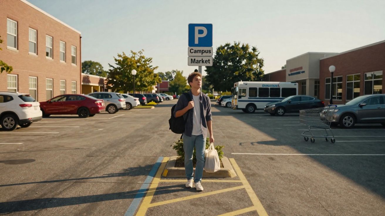 Jovem com mochila e saco de compras caminha numa zona de estacionamento junto a edifícios e um autocarro.