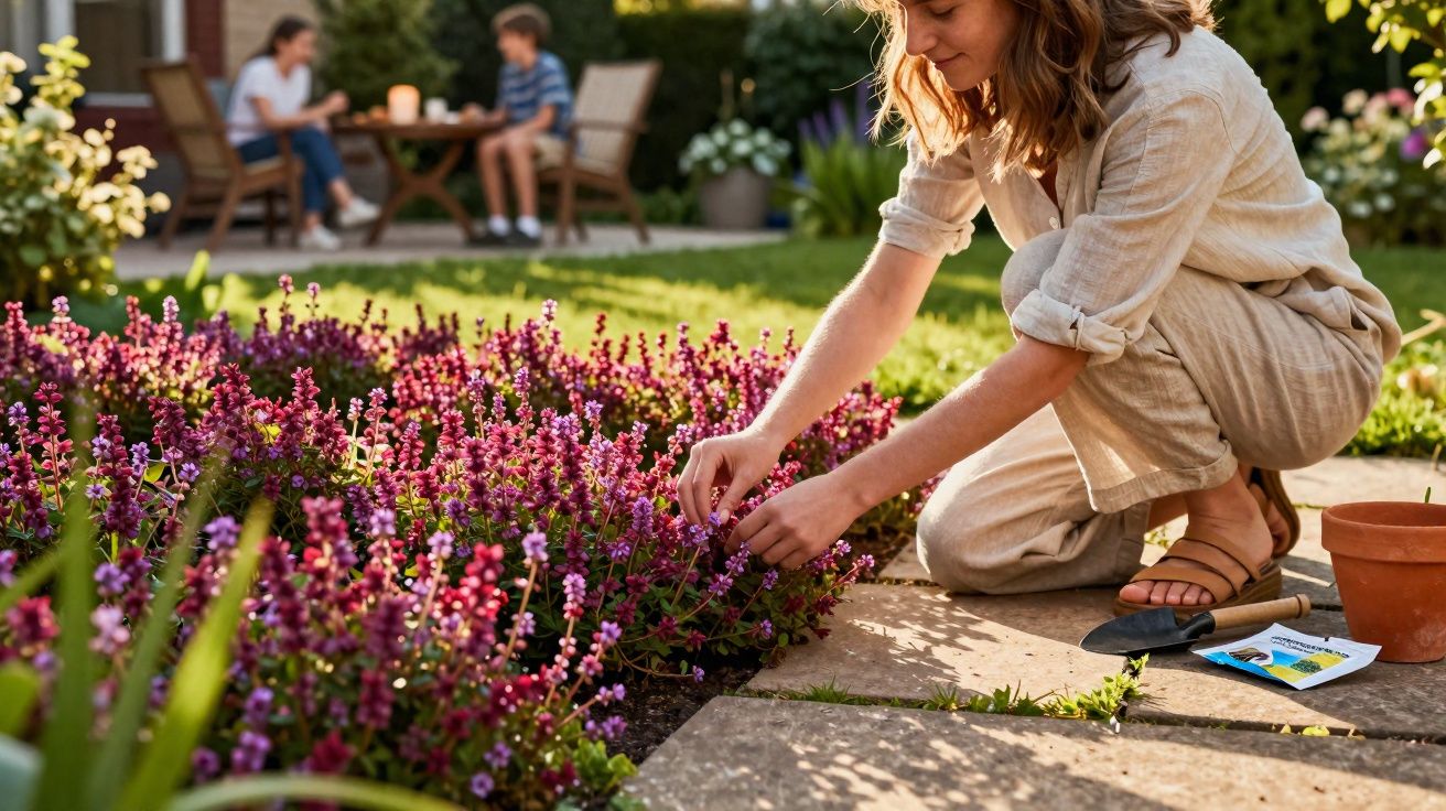 Mulher a cuidar de flores lilás num jardim, com duas pessoas sentadas ao fundo numa varanda.