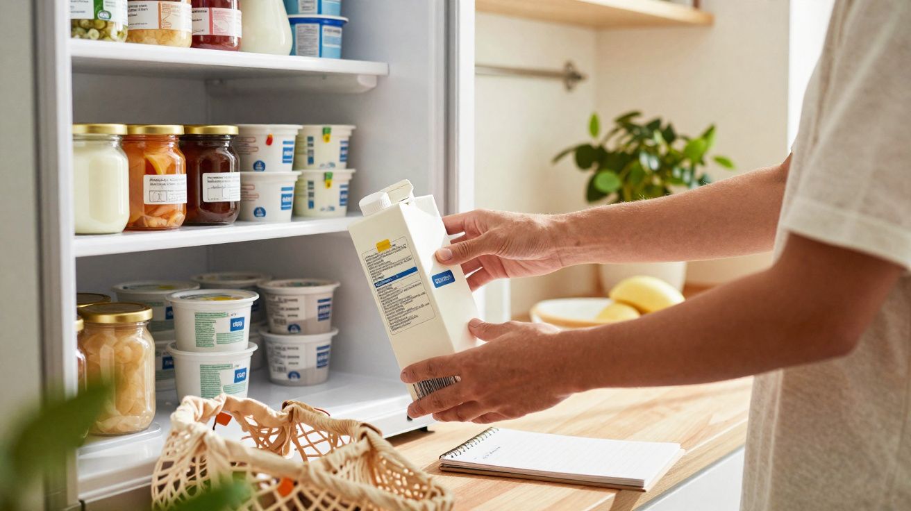 Pessoa a retirar uma embalagem de leite do frigorífico em cozinha moderna com sacos reutilizáveis.