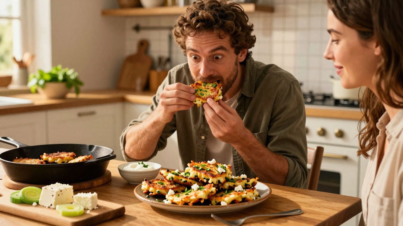 Homem a comer pizza rústica na cozinha enquanto mulher sorri sentada à mesa.