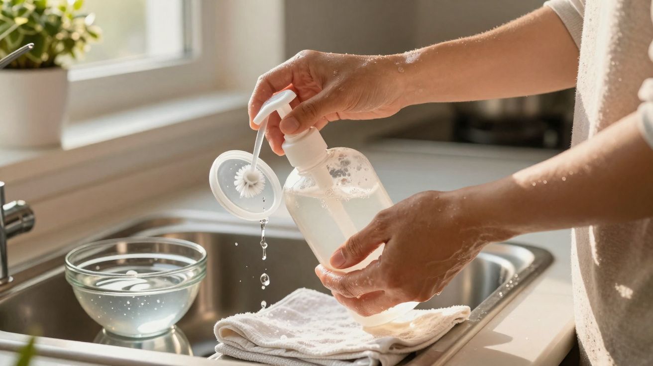 Mãos a lavar um frasco plástico com tampa e escova, sobre uma pia com luz natural.