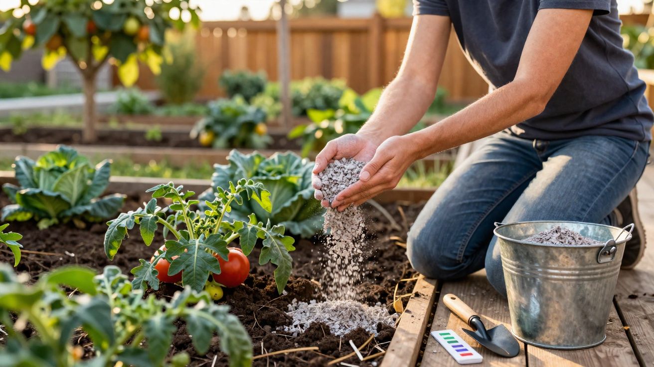Pessoa a aplicar fertilizante granular num jardim com plantas de tomateiros e outras verduras.