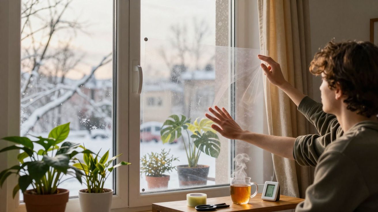 Pessoa a aplicar filme isolante numa janela, com plantas e chá na mesa junto à luz natural.